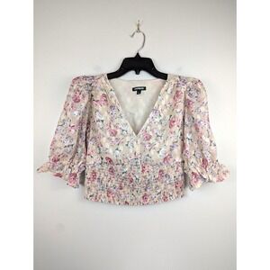 Express Women's Floral Puff Sleeve Smocked V-Neck S Cropped Top Boho Cottagecore